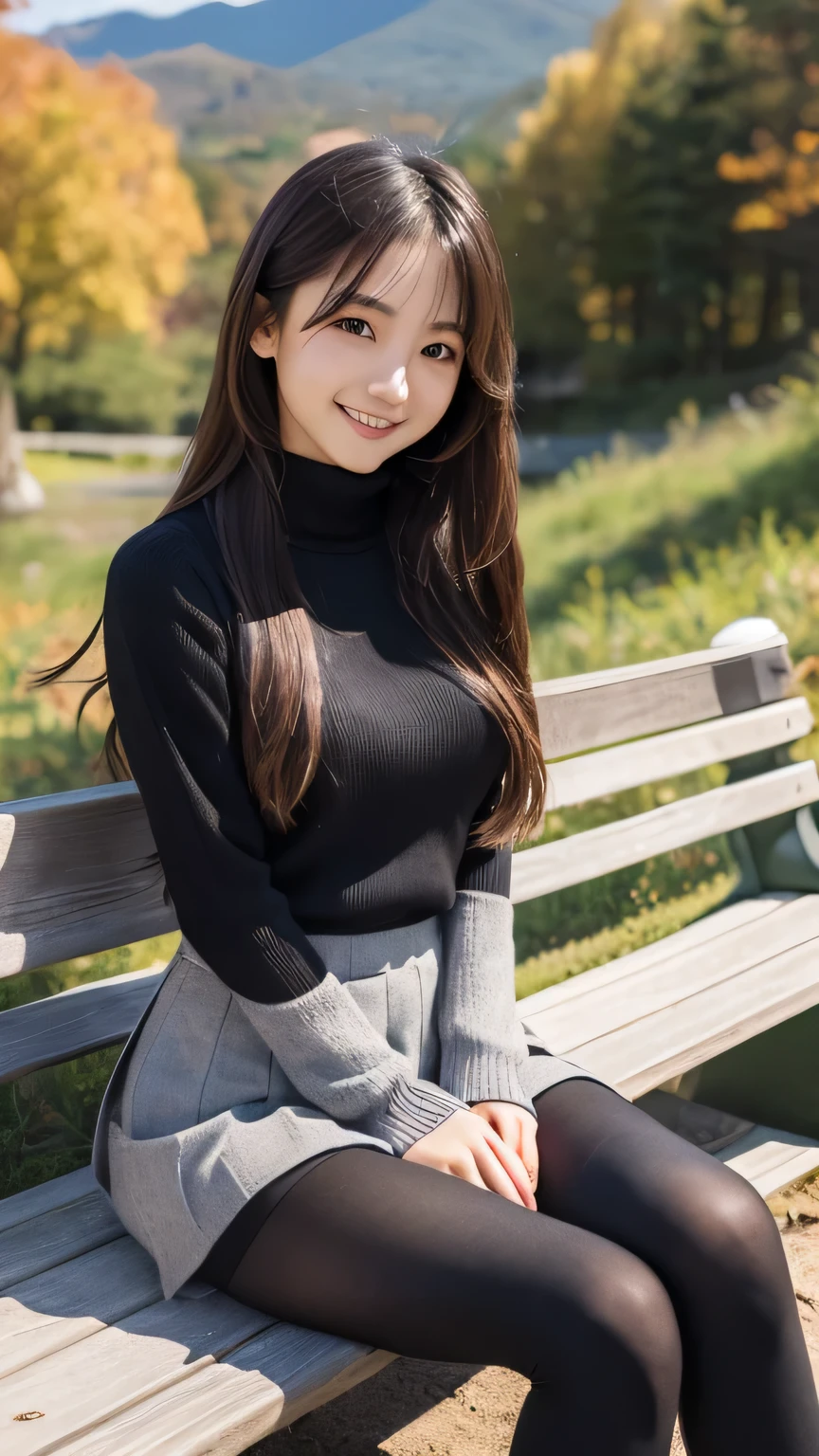 (masterpiece:1.2), super high quality, ((japanese girl)), (super realistic), (super photographic style), 1girl, sexy 18 yo girl, ((slender body)), skirt, sweater, (autumn mountains), (pitch black tights), (portrait), smiling, sitting on a bench,