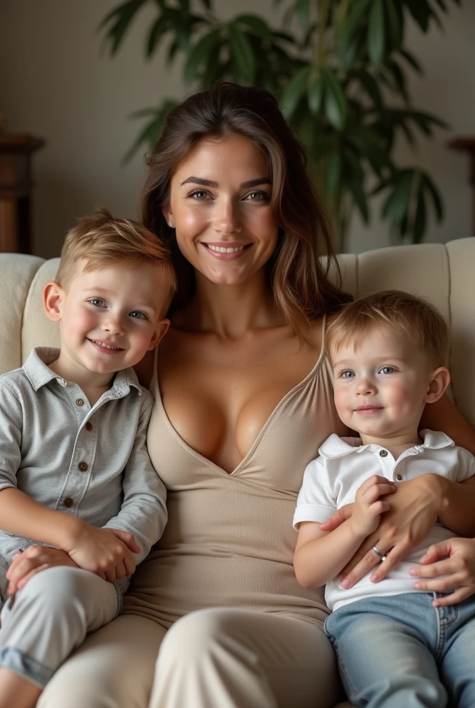 Family portrait of young British mum with sons sitting on couch. Mum showing exposed cleavage