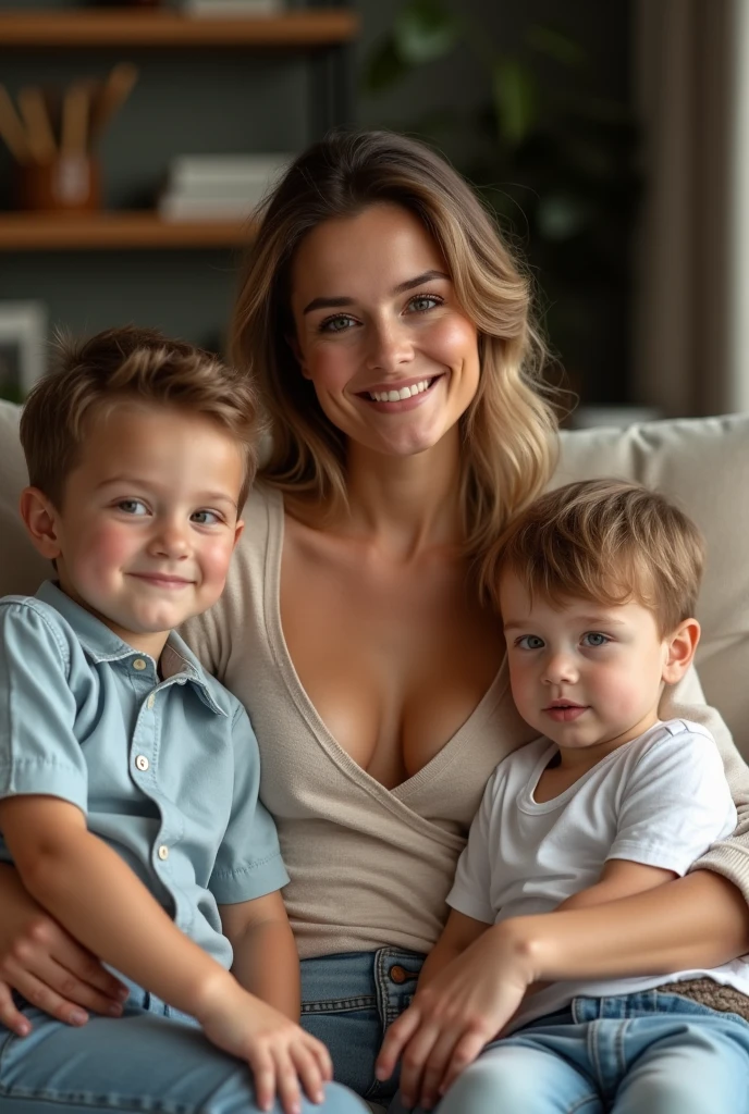 Family portrait of young British mum with sons sitting on couch. Mum showing exposed cleavage