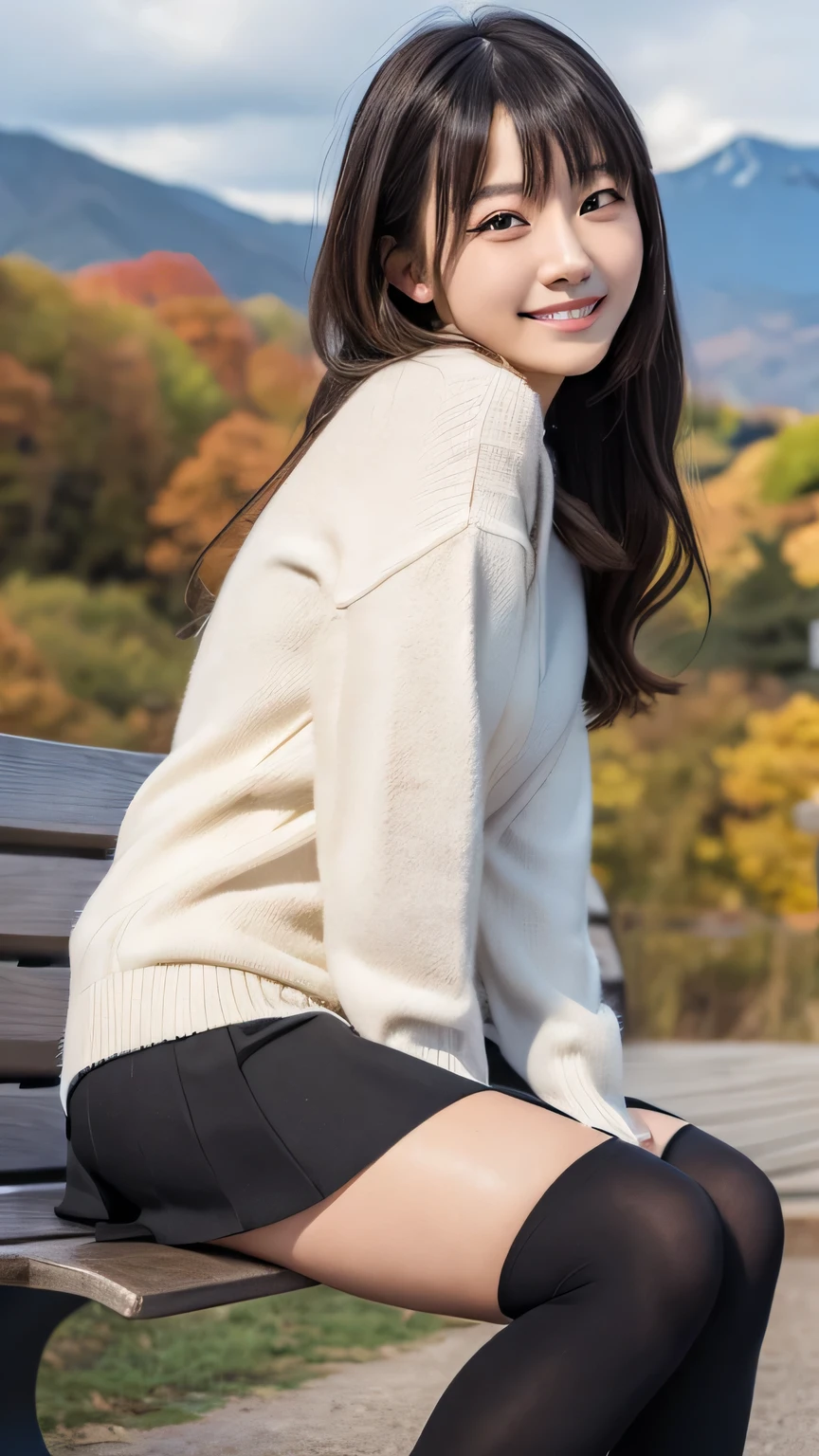 (masterpiece:1.2), super high quality, ((japanese girl)), (super realistic), (super photographic style), 1girl, sexy 18 yo girl, ((slender body)), skirt, sweater, (autumn mountains), (pitch black tights), (portrait), smiling, sitting on a bench,