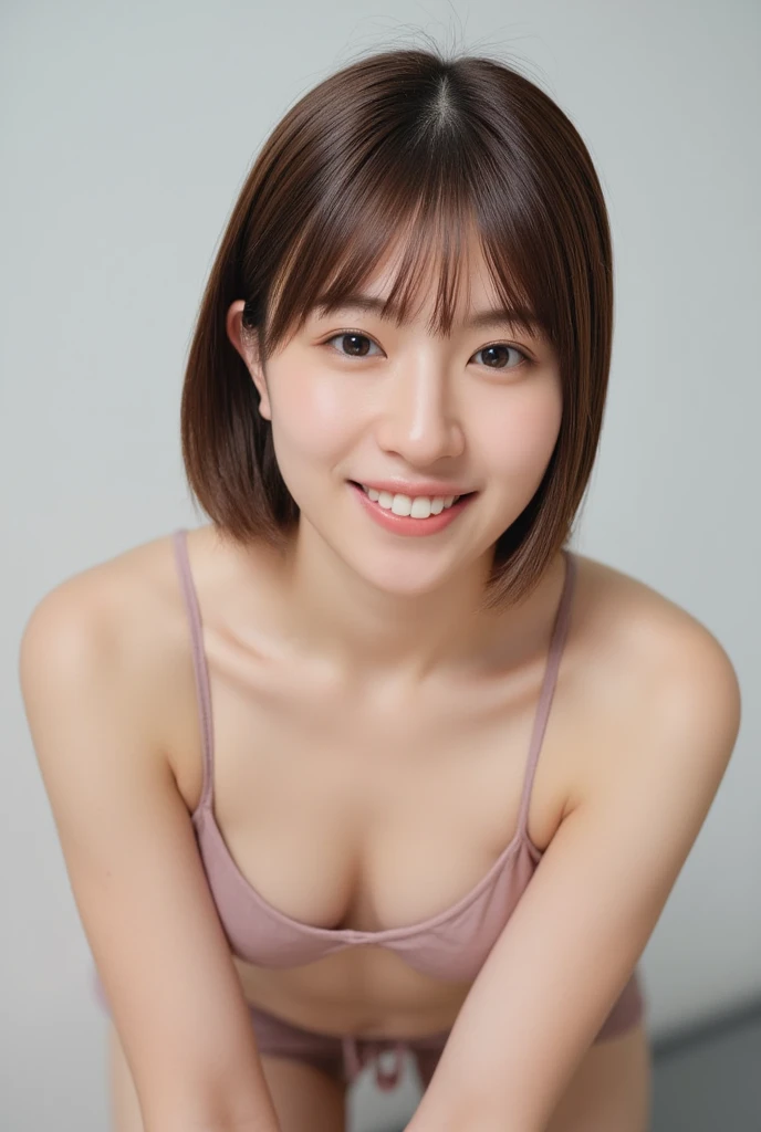 high resolution photograph of a Japanese woman, highest quality, 32K, masterpiece, realistic, photo realistic, intricate details, extremely detailed, insanely detailed, incredibly detailed, sharp focus, professional lighting, detailed face, beautiful detailed eyes, beautiful pupils, sophisticated nose, fair skin, fine textured skin, big smile, teeth out, (flat chest, skimpy bikini), (bent over), perfect anatomy, 