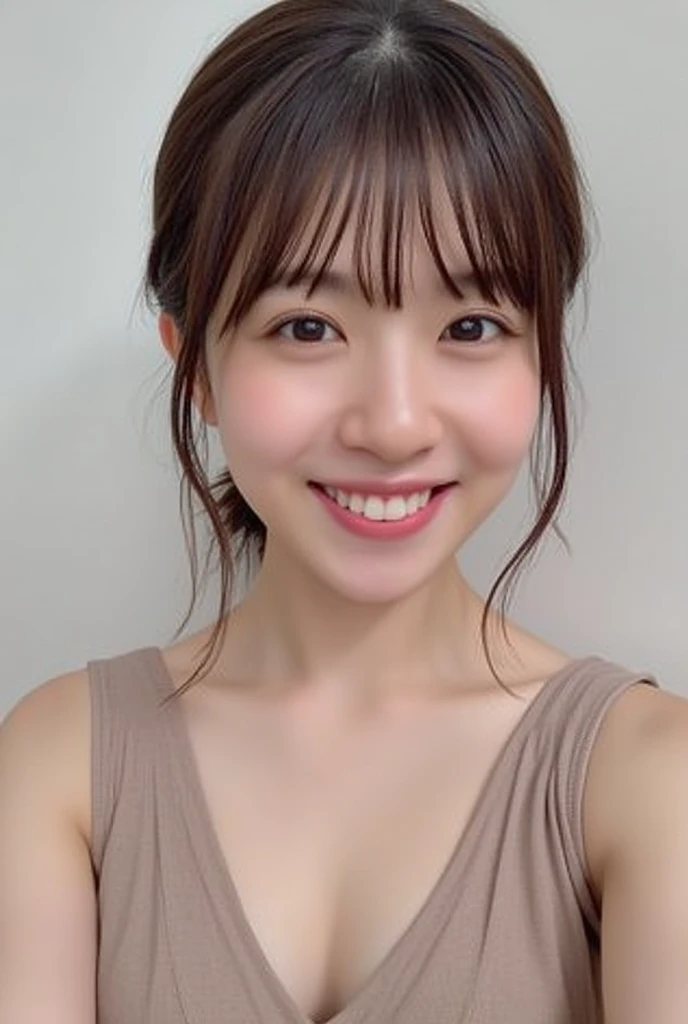 high resolution photograph of a Japanese woman, highest quality, 32K, masterpiece, realistic, photo realistic, intricate details, extremely detailed, insanely detailed, incredibly detailed, sharp focus, professional lighting, detailed face, beautiful detailed eyes, beautiful pupils, sophisticated nose, fair skin, fine textured skin, big smile, teeth out, (flat chest, micro bikini), perfect anatomy, 