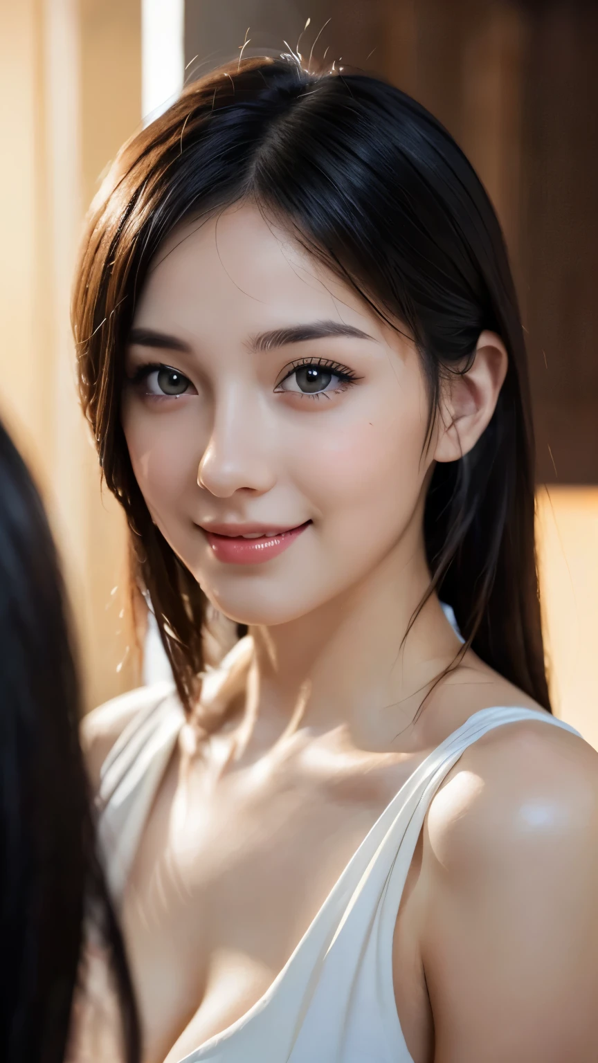 (1girl), Solo, Extremely cute, Amazing face and eyes, (Beautiful lovely smile), (extremely detailed beautiful face), bright shiny lips, (Best Quality:1.4), (Ultra-detailed), (A hyper-realistic, Photorealsitic:1.37), Beautiful fair skin, extremely detailed CG unified 8k wallpaper, RAW Photos, professional photograpy, Cinematic lighting,