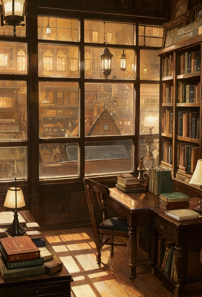 "A cozy library scene with tall, dark wooden bookshelves filled with colorful, vintage books. A large window with multiple panes overlooks a nighttime cityscape with glowing lights from skyscrapers in the distance. The window creates a peaceful contrast between the warm, indoor ambiance and the cool, urban night. On a desk by the window, open books are spread out, alongside a small lamp emitting a soft, warm light. The style is painterly, with rich textures and a slightly impressionistic touch."

---sref 1468417629