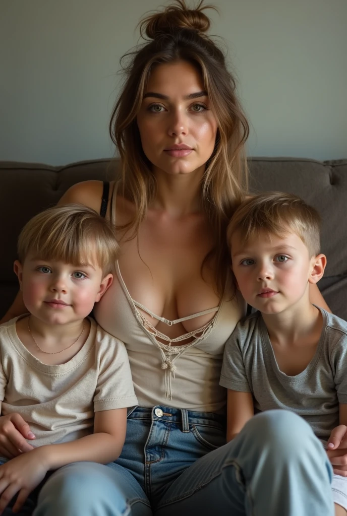 Family portrait of young British mum with sons sitting on couch. Mum showing exposed cleavage with torn up low cut top