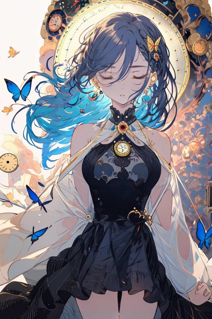 (masterpiece, Highest quality, Very detailed, Best Shadow), (Detailed Background,Dark fantasy), (Beautifully detailed landscapes), High Contrast, (Best lighting, Very delicate and beautiful), ((Cinematic Light)), colorful, Hyper Detail, Dramatic Light, Intricate details, Dynamic Angle), Black light swirling around, Depth of written boundary,black light particles,(Broken glass),magic circle,water,huge clocks,NULL,the sun and the moon,Landscape only,There are no people,Watch Center,A clock sinking in water,Blue glowing light,Huge tower and city,Landscape,Blue glowing light,milky way,Blue glowing light,Covered in blood,bath,bathing,Small Bust