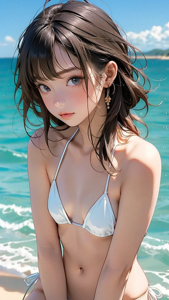 (****ars old:1.4),(Very Young Face), (japan Person famous idol), 1girl, 1girl, (Extremely small white micro bikini style:1.4), Stroll along the seaside, sunshine, (masterpiece:1.0),(best_quality:1.0), ultra high res,4K,ultra-detailed, photography, 8K, HDR, highres, (perfect anatomy:1.2),(Beauty of form:1.4) Golden ratio, big eye,(natural providence:1),