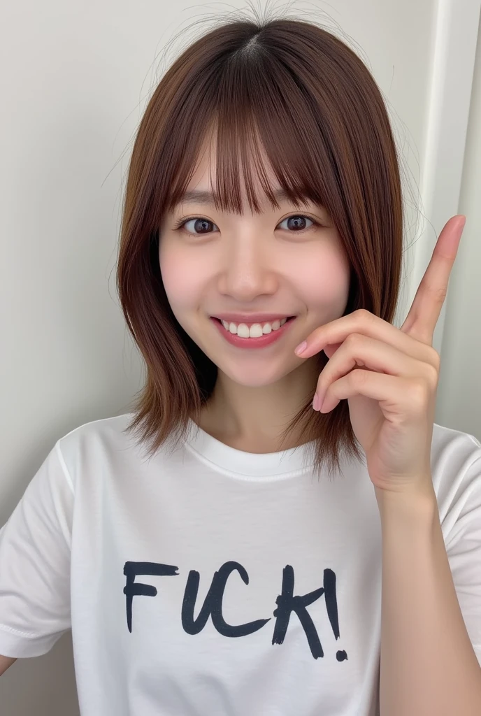 high resolution photograph of a Japanese woman, highest quality, 32K, masterpiece, realistic, photo realistic, intricate details, extremely detailed, insanely detailed, incredibly detailed, sharp focus, professional lighting, detailed face, beautiful detailed eyes, beautiful pupils, sophisticated nose, fair skin, fine textured skin, big smile, teeth out, (t-shirt written "Fuck!"), (raise middle finger:1.2), perfect anatomy, 