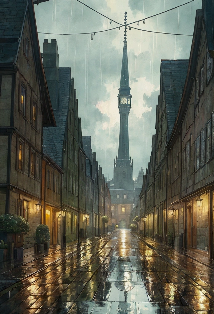 "A quiet, rainy street in a European city during dusk. The scene features old buildings with lit windows, their warm light reflecting on the wet cobblestone street. A large tree with lush green leaves stands beside a cozy corner café, casting shadows on the street. The architecture is detailed, with classic lanterns lighting the street. The atmosphere is serene, with soft, muted colors and intricate reflections on the puddles from the rain. Style of watercolor painting, with soft blending of colors and gentle lines."