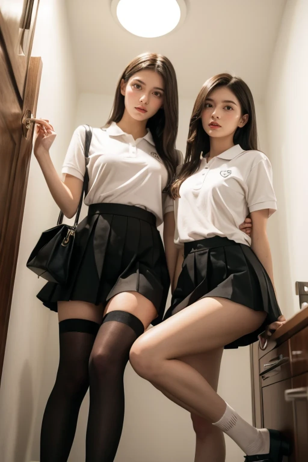 heavy rain, soaked, long hair, looking at viewer, smile, bangs, (Two girls in:1.2), skirt, brown hair, shirt, black hair, short sleeves, brown eyes,  bob hair, sitting in toilet, white polo shirt, pleated mini skirt, open clothes, shoes, black socks, striped, collared shirt, hand up, bag, kneehighs, brown footwear, loafer, school bag, Wet, Cowboy shot, (From below:1.2), 