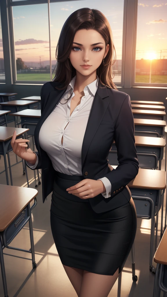 (8k,photorealistic, Mesa, best quality, raw photo:1.3)、1 woman in, 25 years old,Alone,student, long hair, brown hair, detailed beautiful face, attractive face, ( Detailed and beautiful brown eyes:1.2), medium breasts,(wide suit ,  Transparent pencil skirt  :1.35), ( perfect body, Slim beauty: 1.4),( temptation pose:1.3), (looking at the viewer, front view,eyes focus:1.2), detailed background, (sunset:1.2), classroom,fine detailed, intricate details,  ray tracing, depth of fields,  seductive smile ,classroom,