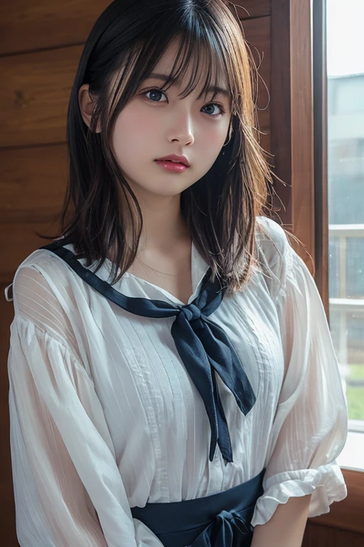 ((Bright garden porch background)), (lo-fi), (soft focus), High Definition, Masterpiece, High Definition, High Definition, 4K, Ultra High Definition, Ultra realistic shadows, Ultra realistic, Dramatic lighting, One Girl, Solo, Detailed Face, Realistic Eyes, Realistic Skin, Dynamic Hair, Dynamic Pose, Dynamic Angle, (White Blouse), (Dark blue bow tie), ( Very long skirt in dark blue color))), ((White short ankle-length socks with folded edges))), white background, (Raw photo: 1.2), (Photorealistic: 1.4), Beautiful detailed woman, Very detailed eyes and face, Beautiful detailed eyes, Huge file size, super detail, high resolution, very detailed, highest quality, (bright indoors), (soft light), (low contrast), ( shallow depth of field), (portrait of a beautiful woman illuminated by gentle light), (very delicate and elegant depiction), (short length bangs), (hair color is dark maroon with a slight brown tone), (hair color is dark maroon with a slight brown tone), (hair with subtle gentle waves), ((white short ankle-length socks with folded edges))), illustration, very detailed, CG, unification, 8k wallpaper, amazing, fine details, best quality, Highly detailed CG unified 8k wallpaper, face lights, movie lighting, 1 girl, 25 years old