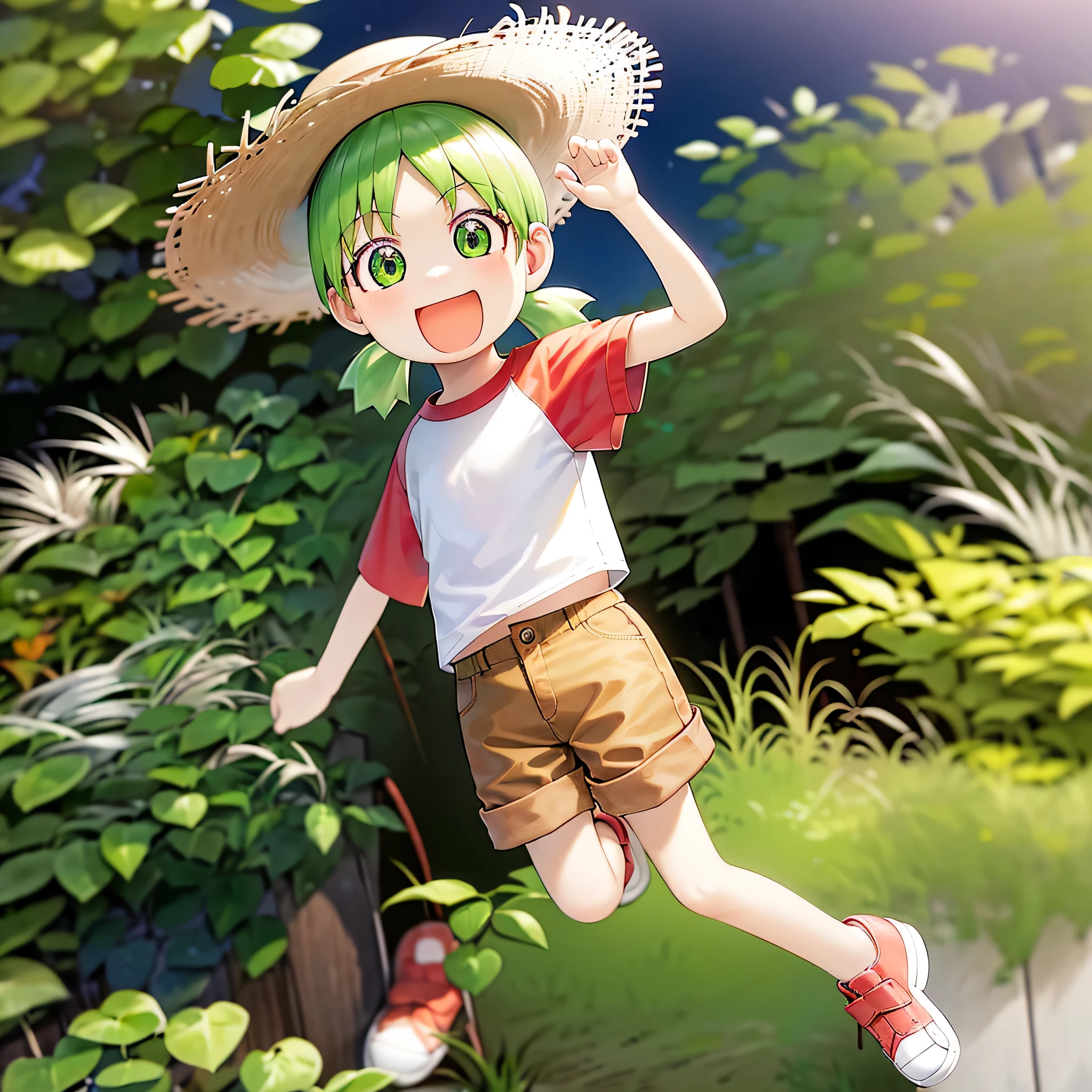 High resolution, One girl, alone,、small、Shortcuts、Green Hair、Manga style、Fourth&!、Primary school students、Wearing a straw hat、Cute smile、T-Shirts、Shorts、Red Shoes、虫を捕まえている