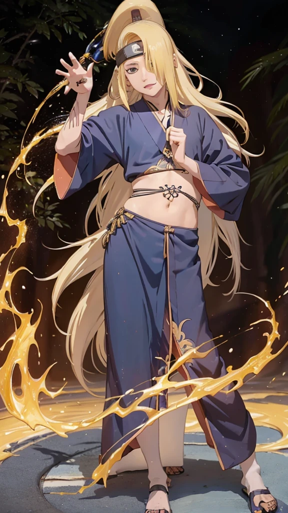 Deidara, young man, long curly hair, a high half ponytail raised, big blue eyes, long bangs left side, Full length autumn long yukata in blue and gold tones, wlegsnte,  standing man 