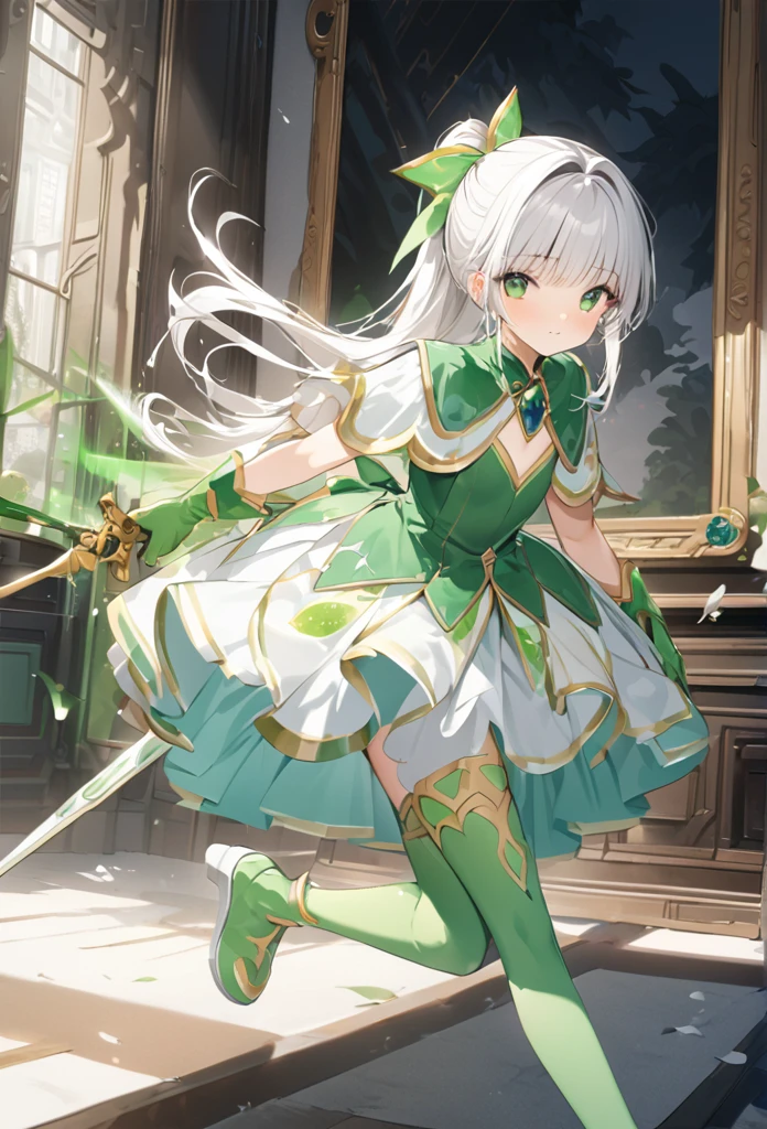 Please redeem、Unity 8K Wallpapers、32K、masterpiece、Very detailed、Ultra-high resolution、Very detailedな顔、RAW Photos、professional、Ultra-fine painting、Magical Fairy Swordsman Leafa、Blonde Long Hair、White hair ribbon、green eyes、Green magical girl costume、Blonde ponytail、White hair ribbon、Yellow ribbon with a large emerald brooch、White pleated skirt with green lines、Green and yellow long gloves、Green thigh-high stiletto heel boots with gold molding、