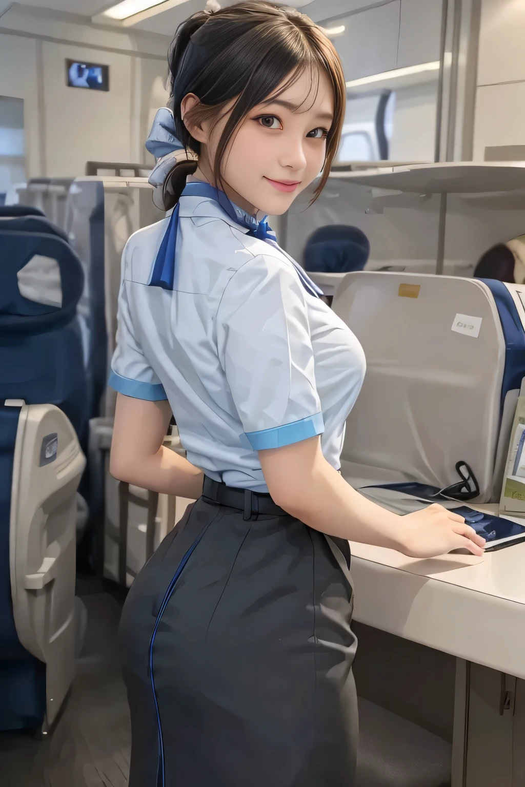 (masterpiece:1.2, Best Quality:1.2), 32K HDR, High resolution, (Alone、1 girl)、（on board、 Professional Lighting）、In-flight background、（ANA flight attendant uniform blueを着たリアルスタイル）、（（ANA flight attendant uniform blue short sleeve blouse 、 ANA flight attendant uniform blue skirt with blue line on the back、Scarf around the neck））、Dark brown hair、（Long Hair、Hair tied up、Hair tied up）、Dark brown hair、Long Shot、Big Breasts、Thin legs、（（Great hands：2.0）），（（Harmonious body proportions：1.5）），（（Normal limbs：2.0）），（（Normal finger：2.0）），（（Delicate eyes：2.0）），（（Normal eyes：2.0））)、smile、（ANA flight attendant uniform blueを見せた美しい後ろ姿）、Hands down