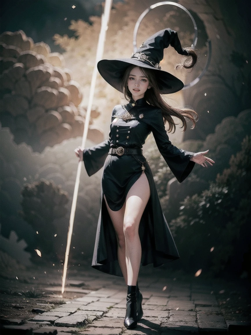 (masterpiece, Best Quality),  photorealistic rendering,   1 girl, adult (Elf:0.7) woman,  Coral colored eyes,  reddish brown updo ,
(style-swirlmagic:0.8), (full body:1.3), look up, Alone,  upper body, Detailed Background,  A light smile, witch hat, witch, Magical atmosphere, Hair blowing in the wind,  dark colored clothing with yellow edging ,  dynamic pose ,  colorful lightning swirling in the air , Swirling Portal, Black Magic,  Suspended particles, cloudy background ,  Backlight, 
