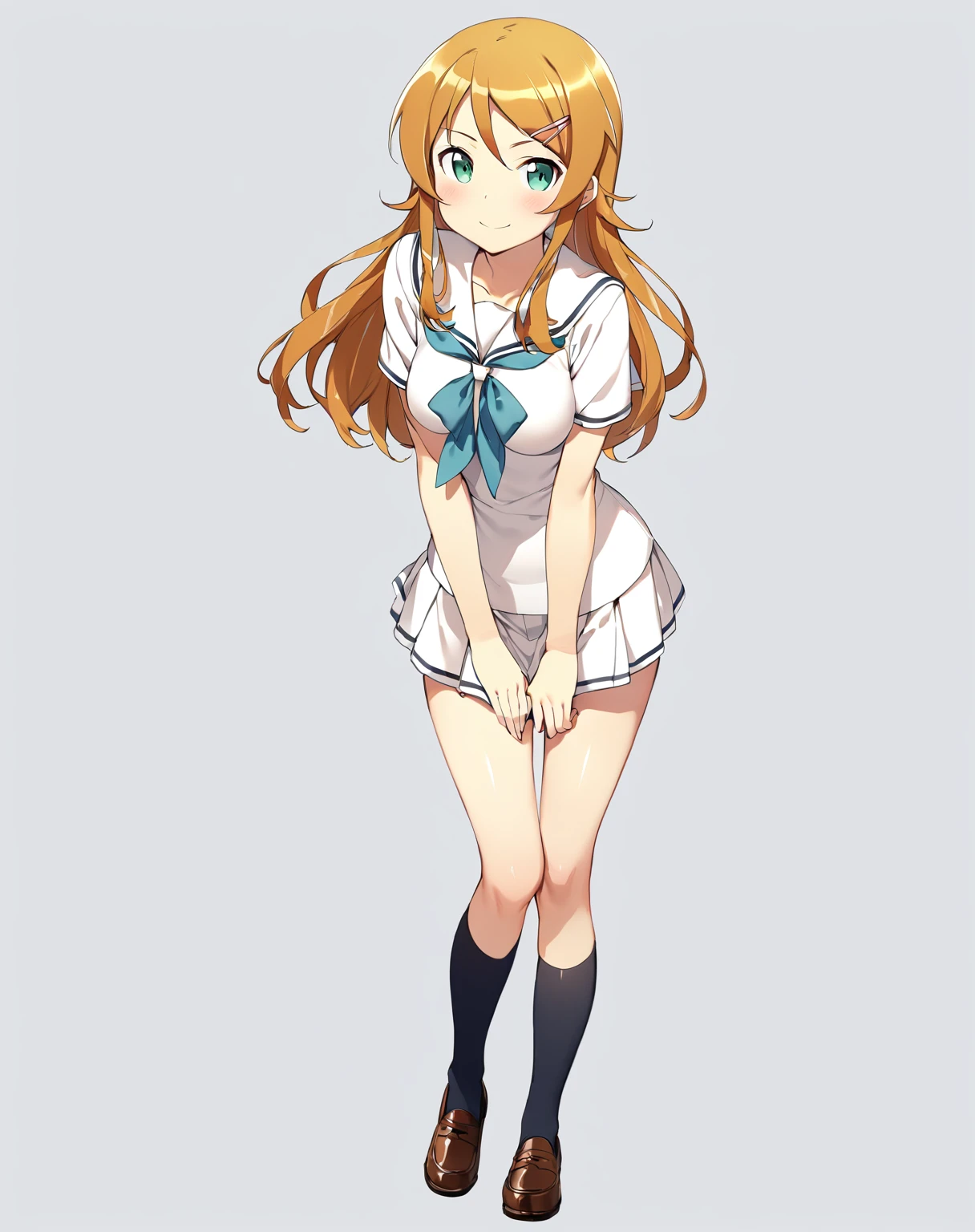 (masterpiece),(Highest quality),(Very detailed),(Best illustrations),(Best Shadow),(so beautiful),(White background),(White Room),(Kirino Takasaka), kirino kousaka, Perfect limbs, Slim legs Blonde, Long Hair, Hair Clip, Green Eyes, bangs, View your viewers, whole body, smile, Shyness, alone, Side shot, Schoolgirl uniform, Short skirt,Showing off, Pink underwear,Underwear with a small ribbon,Detailed panties, Erotic,