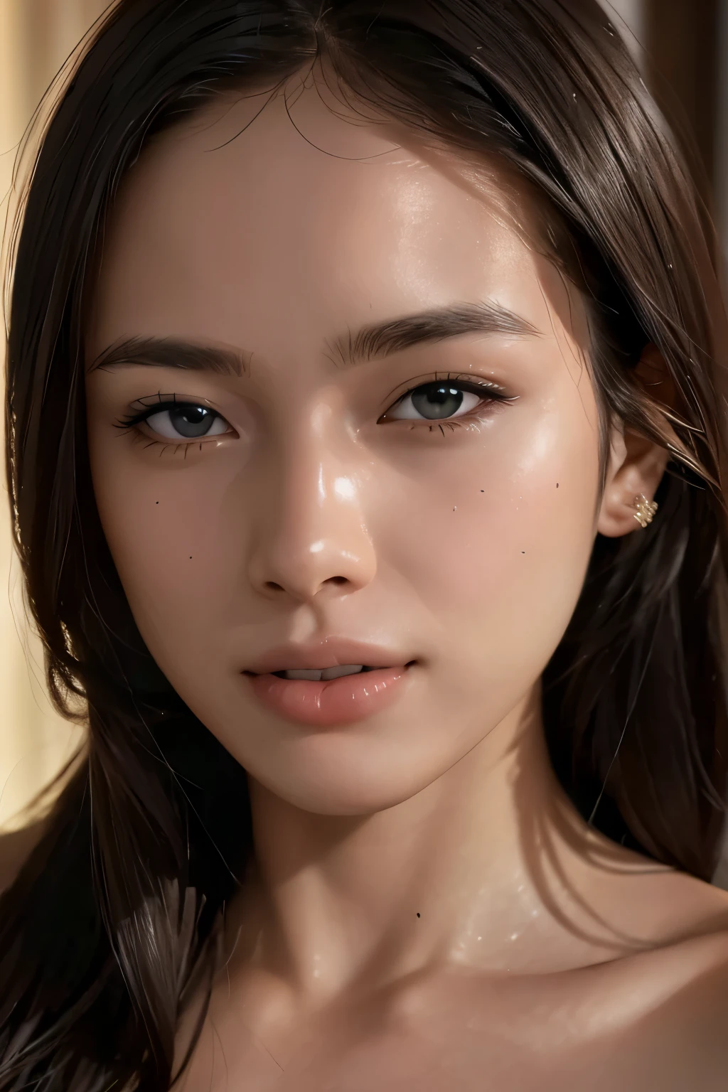 (Enhances the beauty of skin texture:1.1), highest quality、masterpiece, ultra high resolution、(Photoreal:1.4)、RAW photo、1 girl、shiny skin, dramatic lighting, RAW photo, table top:1.3, ultra high resolution:1.0, sharp focus:1.2, beautiful woman with perfect figure:1.4, thin abs:1.2, Highly detailed face and skin texture, fine eyes, double eyelid, perfect facial balance, clean system, smile, Soft light in a beautiful studio, rim light, vivid details, surreal, Fine and beautiful skin, realistic skin, beautiful face, Beautiful woman, high solution face, soft texture, nude, close up of face, glowing skin, face of glory, crazy high resolution, glowing skin, shining face, luster, oily skin, oily face, close up of face, zoom on face, oily skin, oily face, 強いluster, beautiful hair,