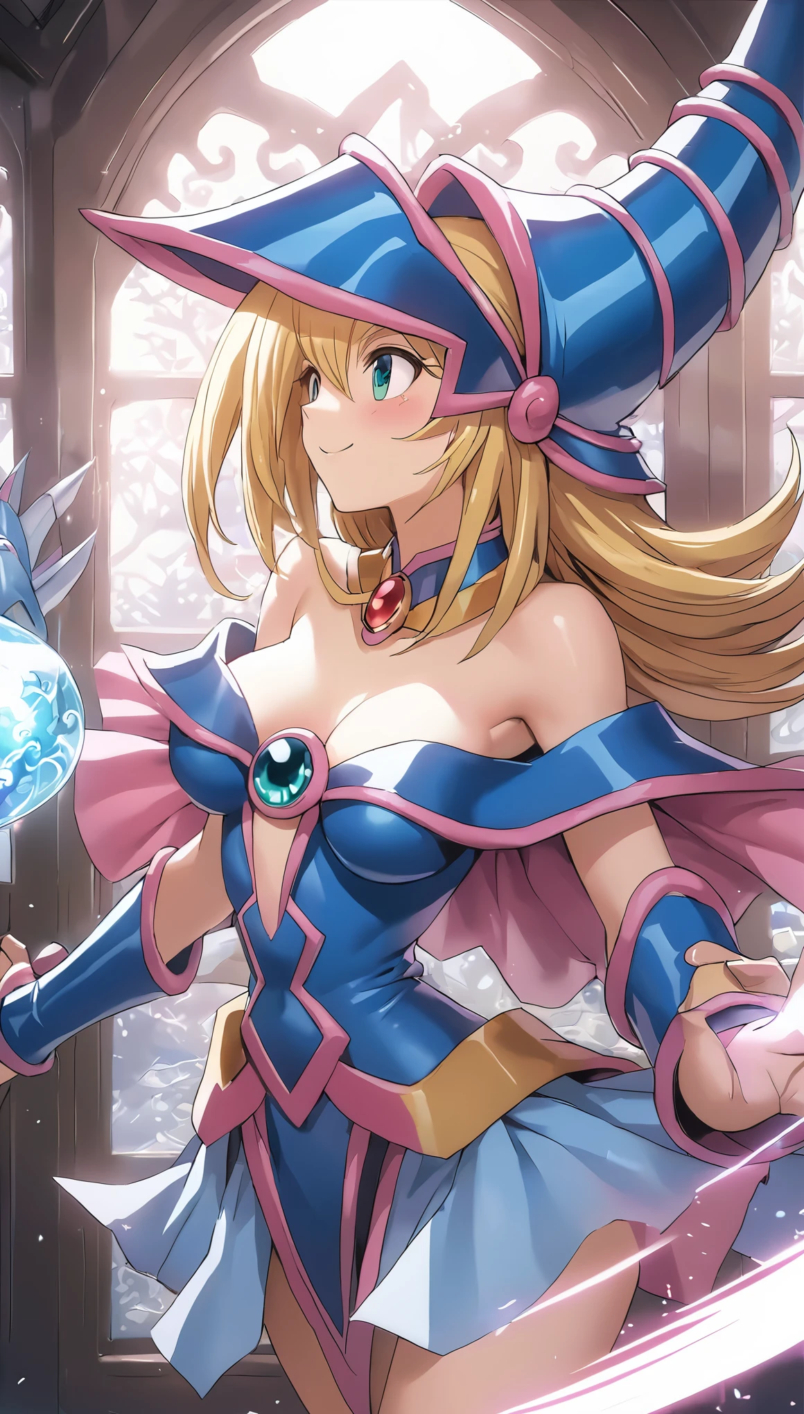 Dark magician girl NSFW, glass cover, upper body, side shot, alternate color, masterpiece, detailed illustration, lifelike, Pixiv top quality, exquisite, {{{Cute 1dark magician girl}}}, super beauty merging with the machine, elaborate shabby chic pattern, shiny beautiful woman, half of my body is made of machine, transparent glass body, the machine inside is transparent, cinematic lighting, dynamic angle, dynamic pose, yugioh blue-eyed white dragon forest, depth of field. Magic macaw at the bottom. Magic hearts showing your VOLUPTUOUS body, BIG TITS, BEAUTIFUL, SENSUAL, BLUSHING from head to toe, STROLLING IN THE CASTLE, SMILING PLAYING WITH MAGIC SEXY, BLONDE HAIR INTERACTING WITH MAGIC