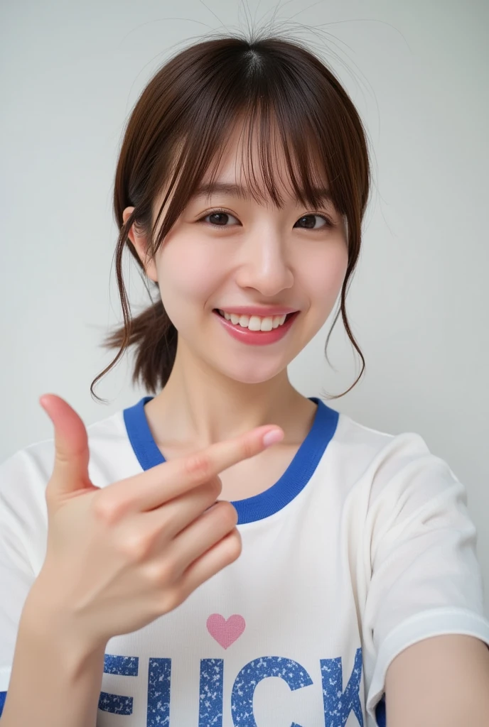 high resolution photograph of a Japanese woman, highest quality, 32K, masterpiece, realistic, photo realistic, intricate details, extremely detailed, insanely detailed, incredibly detailed, sharp focus, professional lighting, detailed face, beautiful detailed eyes, beautiful pupils, sophisticated nose, fair skin, fine textured skin, big smile, teeth out, (t-shirt written "Fuck!"), (fuck sign:1.2), perfect anatomy, 