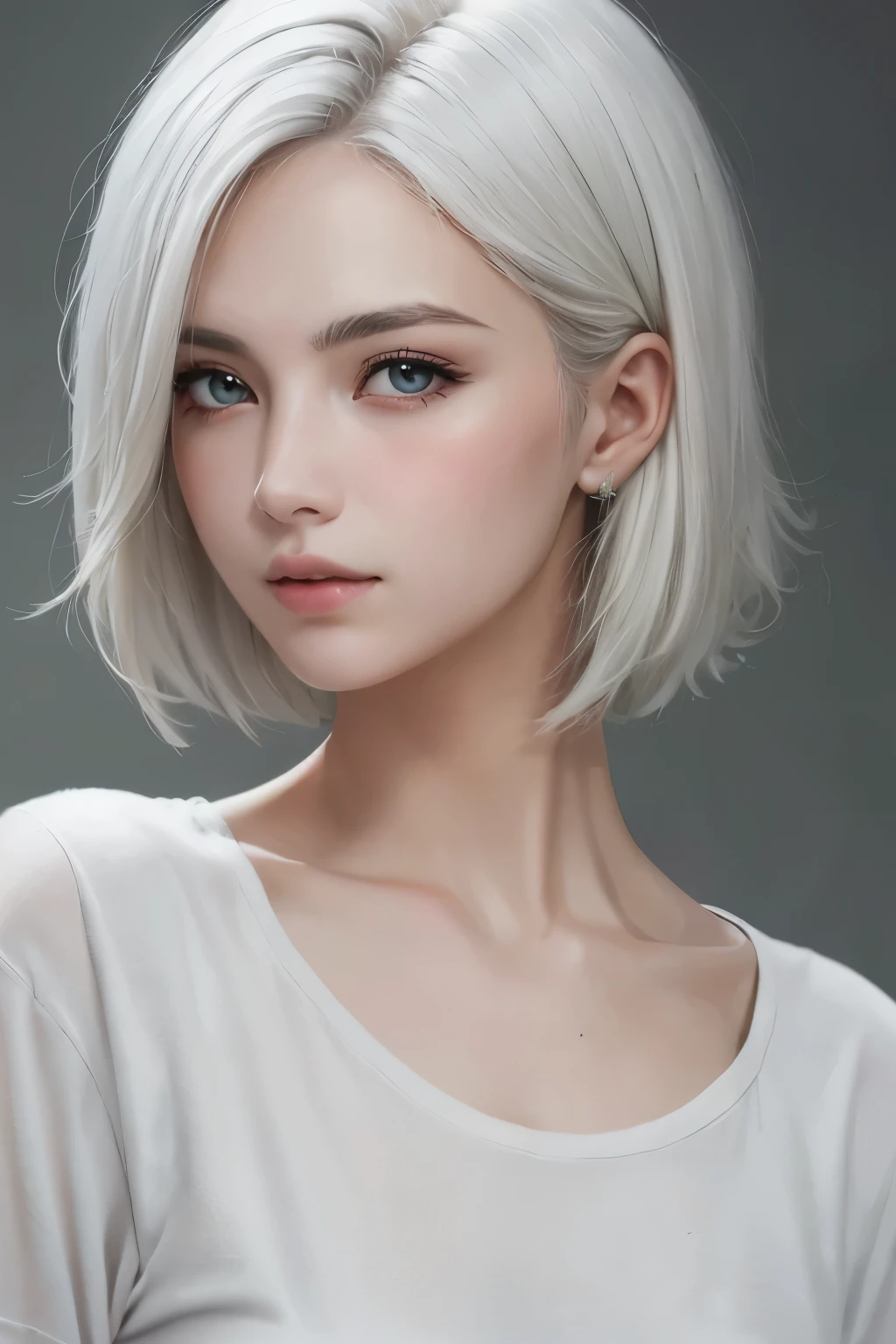 highest quality、masterpiece、超High resolution、(Realistic:1.3)、RAW Photos、(One girl), Beautiful Face, (Realistic Face), (White Hair、short hair:1.3), Beautiful Hairstyles, Realistic eyes, Beautiful fine details, (Realistic Skin), Beautiful Skin, (shirt), Confused, charm, 超High resolution, Ultra-realistic, High resolution, Golden Ratio、Mr.々Background