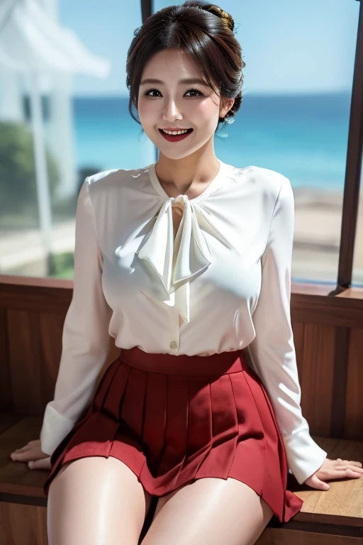 Color background、pubic hair、Large Breasts、Thighs、Red lipstick、(((Glaring)))、Curly Hair、Disheveled Hair、Cute woman、high school girl、White shirt with open chest、Navy frill mini skirt、Ocean、Cloud、smile