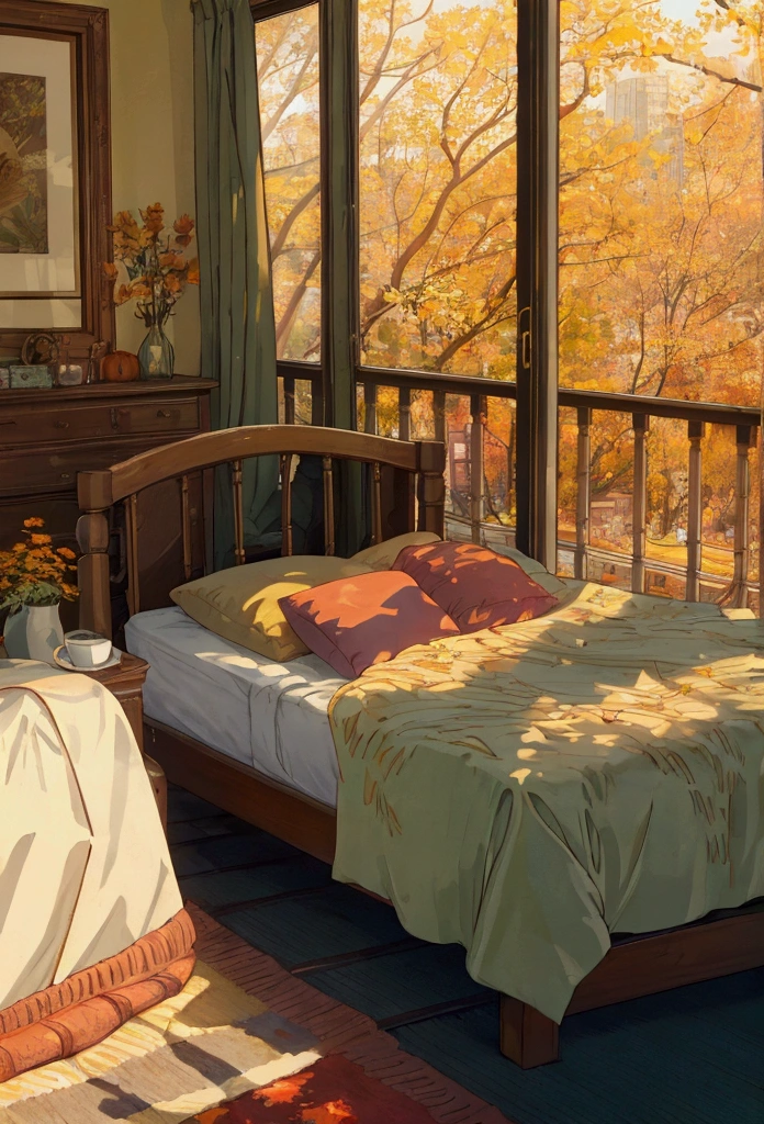 "A bright, cozy bedroom with large open doors leading to a sunlit balcony. The sunlight streams through, casting warm golden hues across the bed and room. The bed has colorful, soft blankets and pillows, creating a welcoming and serene atmosphere. Outside the balcony, a vibrant cityscape with tall skyscrapers can be seen in the background, and trees with autumn-colored leaves add a touch of nature. The scene feels peaceful, warm, and filled with morning light, perfect for a calm and relaxing environment."

