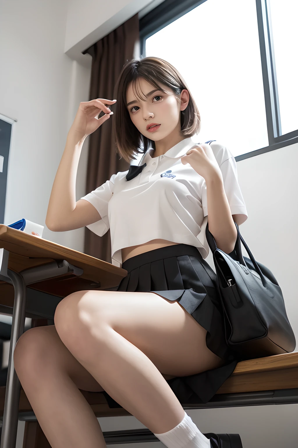 heavy rain, soaked, long hair, looking at viewer, smile, bangs, (Two girls in:1.2), skirt, brown hair, shirt, black hair, short sleeves, brown eyes,  bob hair, sitting in classroom, white polo shirt, pleated mini skirt, open clothes, shoes, black socks, striped, collared shirt, hand up, bag, kneehighs, brown footwear, loafer, school bag, Wet, Cowboy shot, (From below:1.2), 