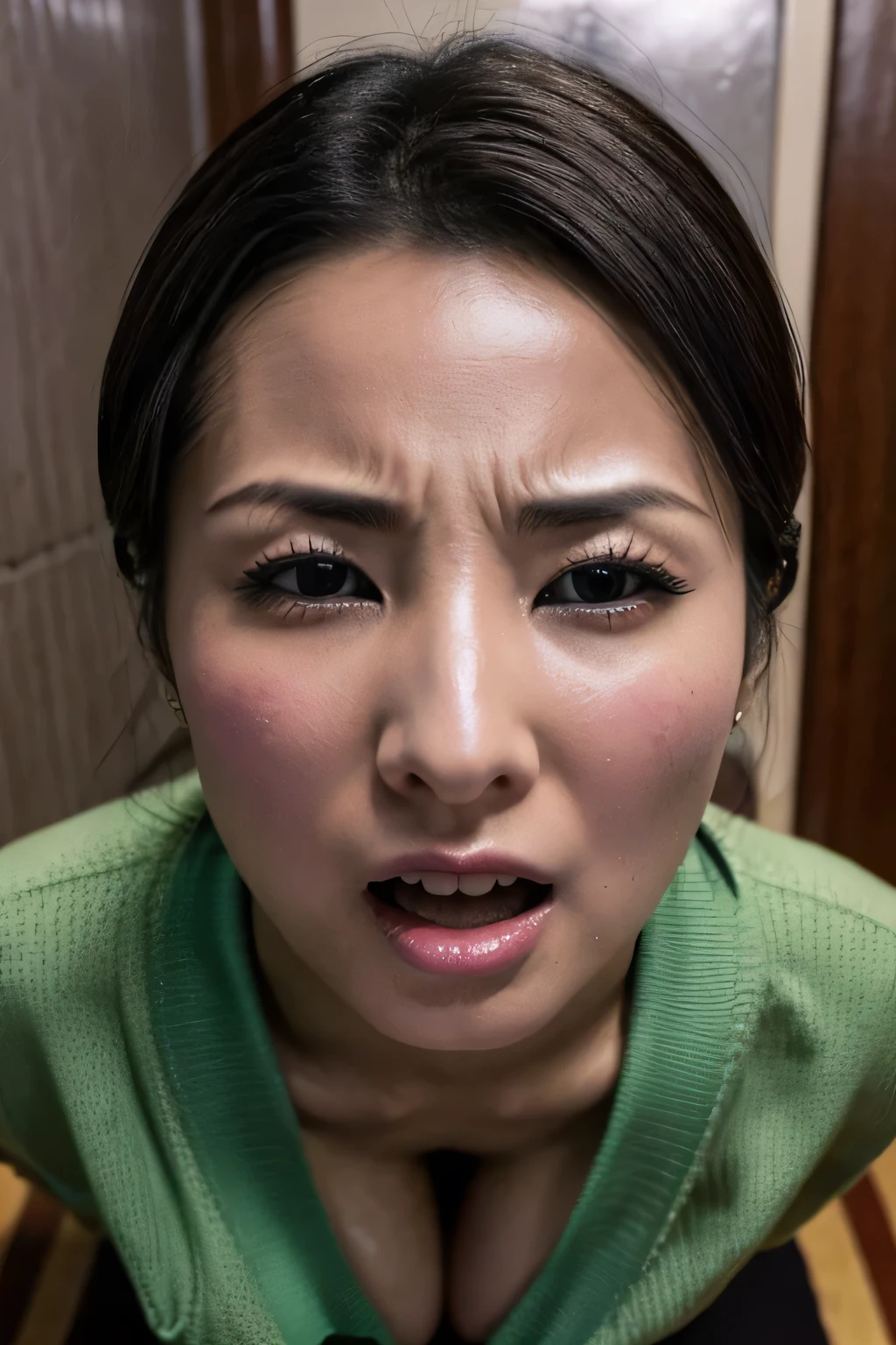 Beautiful Japanese actresses、1 girl,Flying debris,,Award-winning photo, Very detailed,Face Focus, Big double eyes( Women with Open Mouth and Closed Eyes  ), 1、Black Hair、Shiny skin、(((Face close-up)))、Realistic nostrils、Trains the nose to be long and narrow,,,、extraordinary stage,　Staircase landing,Outdoor evacuation stage,Squat、((Random color open cardigan))、Big Breasts、(Sharp Nose)Frowning performance:1.4,,performance,Frowning,Please lift your head、Sweaty skin,Oily skin,Hair tied up,Squatting and giving a blowjob,female teacher,sitting in the hallway、Squat、50 degree hot room、Sweaty skin、Wet transparent fabric,My whole face is sweaty,A face enduring intense pain、Screaming face,Open your mouth wide and shout,((On top of women,vagina,Sex,))((Surreal))