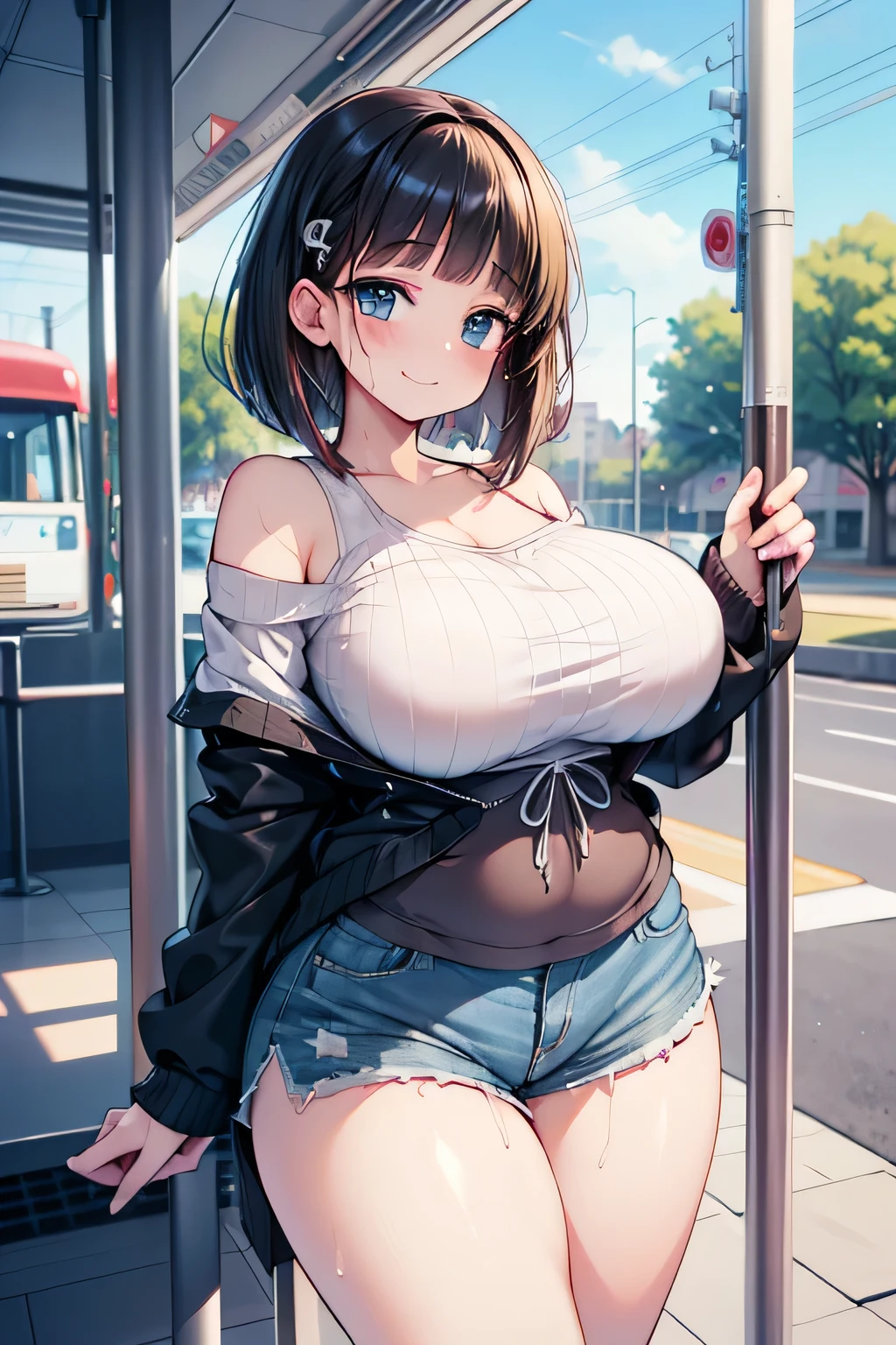  anime illustration、High resolution、A sad smile、A short, busty, chubby gal、bus stop、Neat off-shoulder shirt、Shorts、Bobbed hair、Appealing sexual attraction、Clothes are wet and transparent、Perfect proportions、 cowboy shot、Fatty thick legs、Sharp Eyes、Draw hands correctly