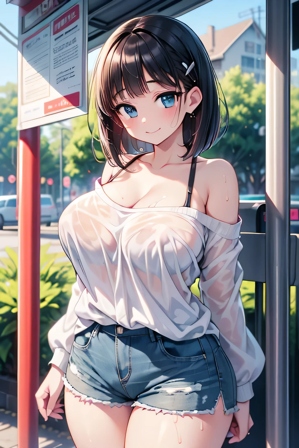  anime illustration、High resolution、A sad smile、A short, busty, chubby gal、bus stop、Neat off-shoulder shirt、Shorts、Bobbed hair、Appealing sexual attraction、Clothes are wet and transparent、Perfect proportions、 cowboy shot、Fatty thick legs、Sharp Eyes、Draw hands correctly