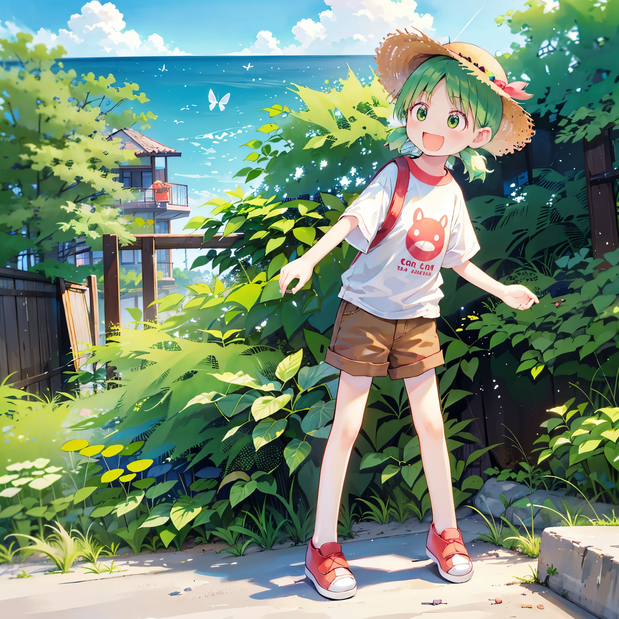 High resolution, One girl, alone,、small、Shortcuts、Green Hair、Manga style、Fourth&!、Primary school students、Wearing a straw hat、Cute smile、T-Shirts、Shorts、Red Shoes、Catching bugs、View of the sea