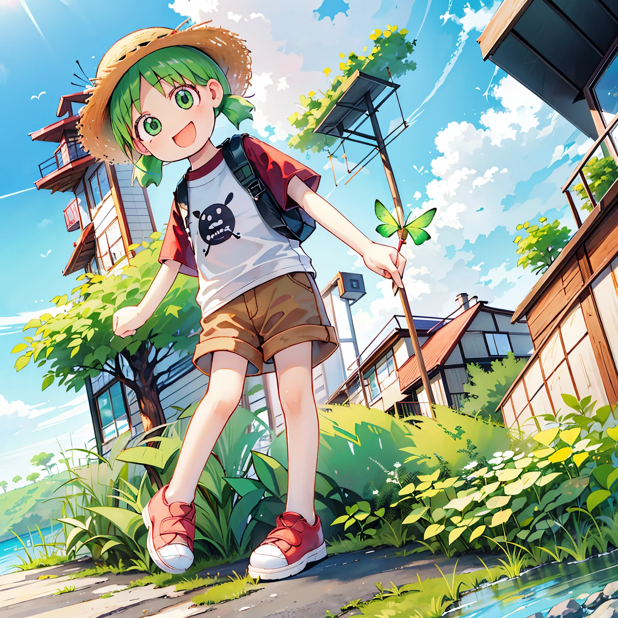 High resolution, One girl, alone,、small、Shortcuts、Green Hair、Manga style、Fourth&!、Primary school students、Wearing a straw hat、Cute smile、T-Shirts、Shorts、Red Shoes、Catching bugs、View of the sea