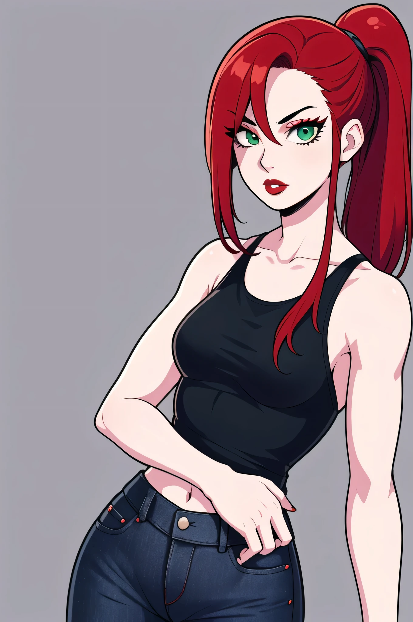 hotify,parted lips,pale skin,tight undersized black tank top,check copyright,1girl,straight hair,red-lipstick female,red hair,hair ponytail,non-web source,green eyes,simple background,looking at viewer,solo,dark blue jeans, sharp almond eyes, standing straight, black mascara. 
