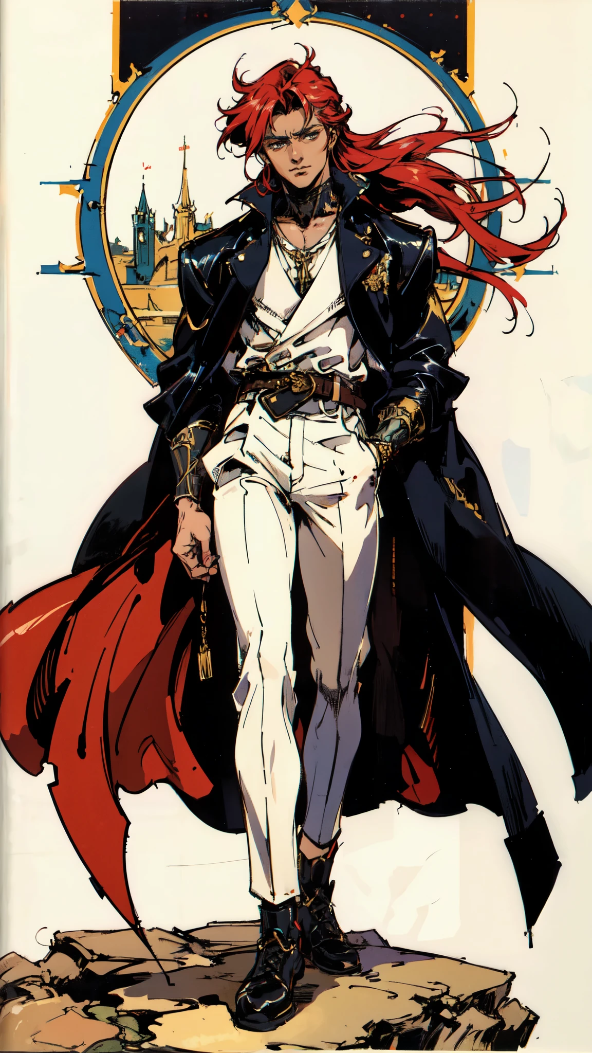 (masterpiece:1.2, best quality:1.2, extremely delicate:1.2), ((male:1.5)), a young man with long red hair, delicate face, gentle eyes, peaceful expression, fantasy-realism style outfit, a red and black short cape, a blue and white leather jacket, a belt, white pants, sneakers, his hands in his pockets, he strolls by a lakeside under dark cloudy skies, this character embodies a finely crafted fantasy-realism style Wise in anime style, exquisite and mature manga art style, dramatic, high definition, highres, ultra-detailed, ultra-fine painting, professional, perfect body proportions, golden ratio, anatomically correct, symmetrical face, extremely detailed eyes and face, high quality eyes, creativity, RAW photo, UHD, 32k, Natural light, cinematic lighting, (masterpiece-anatomy-perfect:1.2)