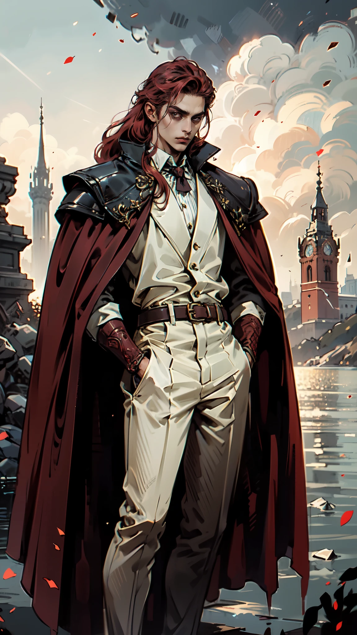 (masterpiece:1.2, best quality:1.2, extremely delicate:1.2), ((male:1.5)), a young man with long red hair, delicate face, gentle eyes, peaceful expression, fantasy-realism style outfit, a red and black short cape, a blue and white leather jacket, a belt, white pants, sneakers, his hands in his pockets, he strolls by a lakeside under dark cloudy skies, this character embodies a finely crafted fantasy-realism style Wise in anime style, exquisite and mature manga art style, dramatic, high definition, highres, ultra-detailed, ultra-fine painting, professional, perfect body proportions, golden ratio, anatomically correct, symmetrical face, extremely detailed eyes and face, high quality eyes, creativity, RAW photo, UHD, 32k, Natural light, cinematic lighting, (masterpiece-anatomy-perfect:1.2)