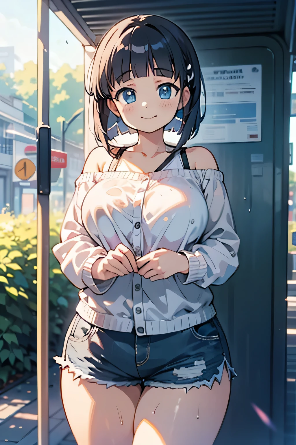  anime illustration、High resolution、A sad smile、A short, busty, chubby gal、bus stop、Neat off-shoulder shirt、Shorts、Bobbed hair、Appealing sexual attraction、Clothes are wet and transparent、Perfect proportions、 cowboy shot、Fatty thick legs、Sharp Eyes、Draw hands correctly