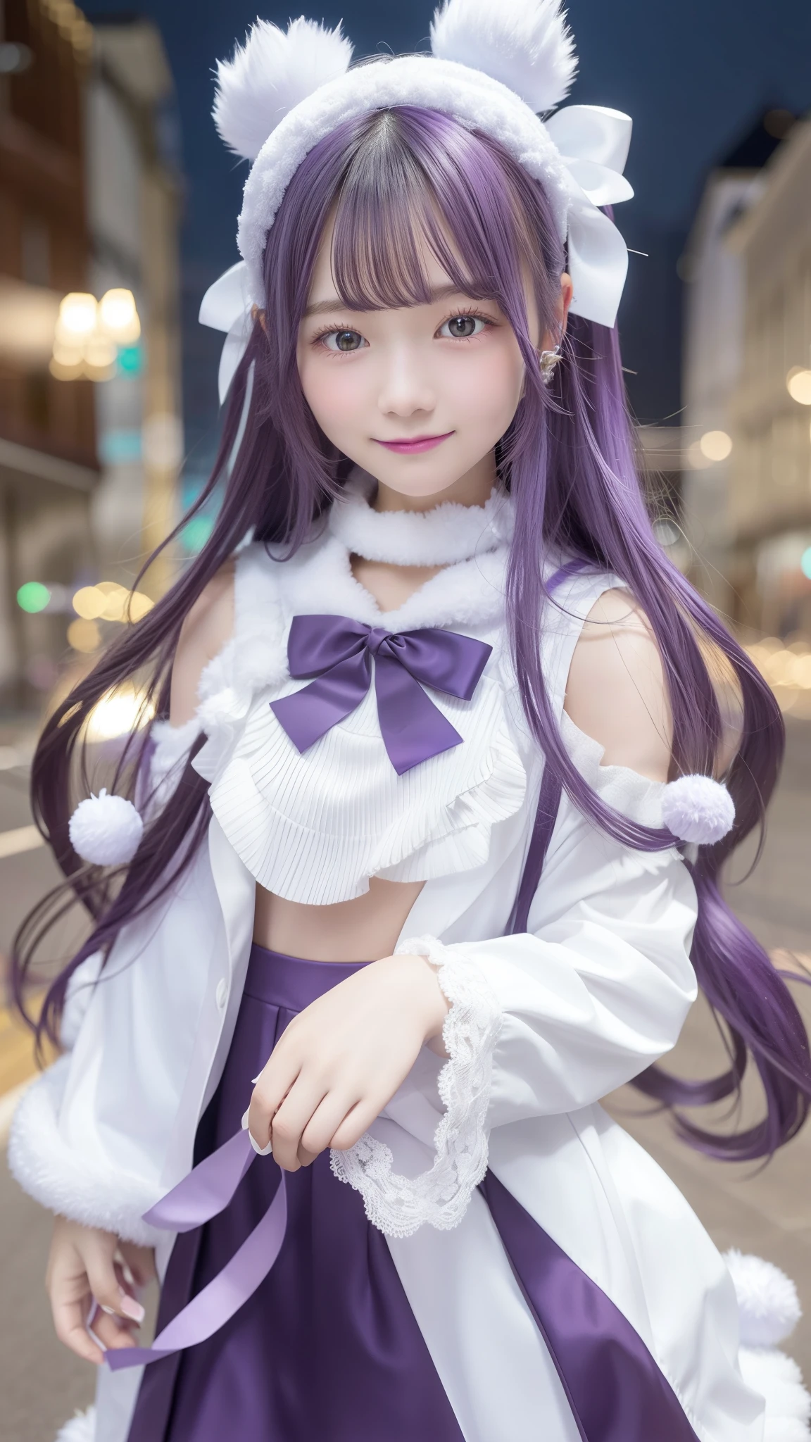Anastasia Hoshin, Anastasia Hoshin, Long Hair, Purple Hair, Swept-apart bangs,
break hair ornament, Long sleeve, Have, dress, bow, star \(symbol\), white dress, Fur trim, White headwear, pink bow, Pom-pom \(Clothes\), star hair ornament,
break looking at viewer,
break (masterpiece:1.2), Best Quality, High resolution, perfect lighting ,smile