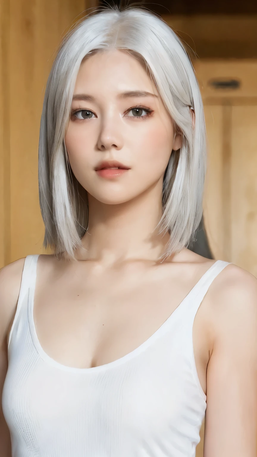 (lebensecht, high resolution:1.3), 1 girl with a perfect body, Super beautiful face and eyes,langes Haar, white hair, Tank top in random colors:1.2, kurze Jeans, close up, looking directly in the camera, front view