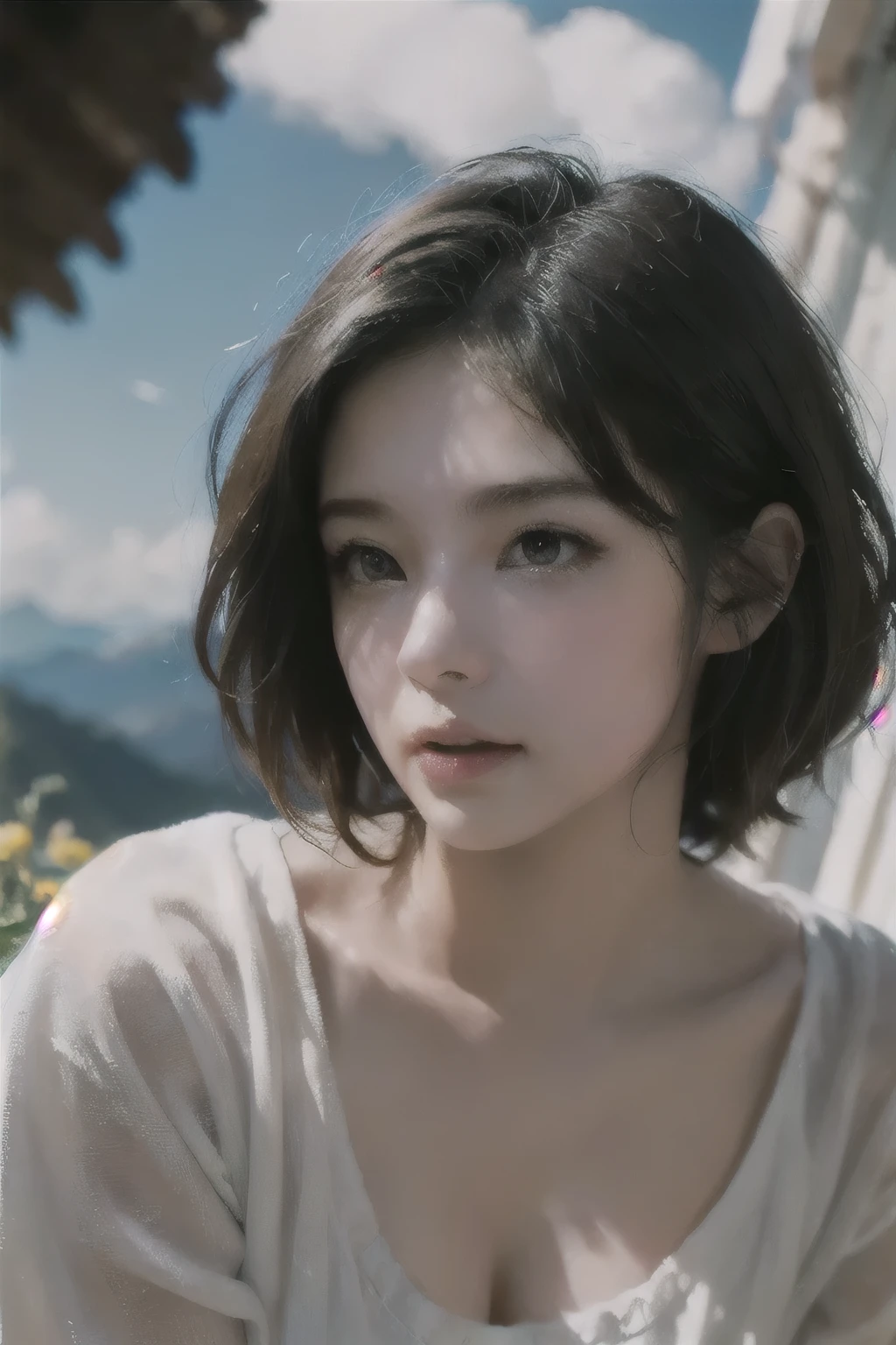 ((styled:Pure+ultra-realistic realism),White skin texture,eyes with brightness),lightand shade contrast,high textured,ultra HD picture quality,tall nose bridge,dynamic angle,Clouds and mountains,Floweeld prospects,Light tracing,realisticlying,offcial art,Unity 8k Wallpaper,ultra - detailed,Beautiful and beautiful,tmasterpiece,best qualityer,Glowing skin,cinmatic lighting,full bodyesbian,Side Body,naturey。