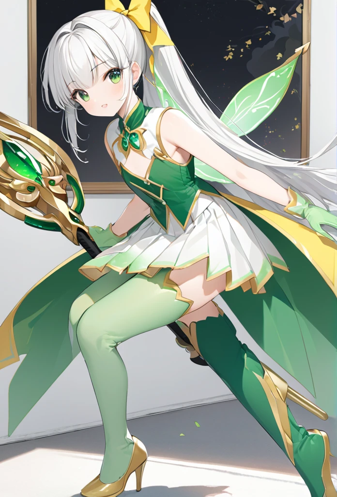 Please redeem、Unity 8K Wallpapers、32K、masterpiece、Very detailed、Ultra-high resolution、Very detailedな顔、RAW Photos、professional、Ultra-fine painting、Magical Fairy Swordsman Leafa、Blonde Long Hair、White hair ribbon、green eyes、Green magical girl costume、Blonde ponytail、White hair ribbon、Yellow ribbon with a large emerald brooch、White pleated skirt with green lines、Green and yellow long gloves、Green thigh-high stiletto heel boots with gold molding、