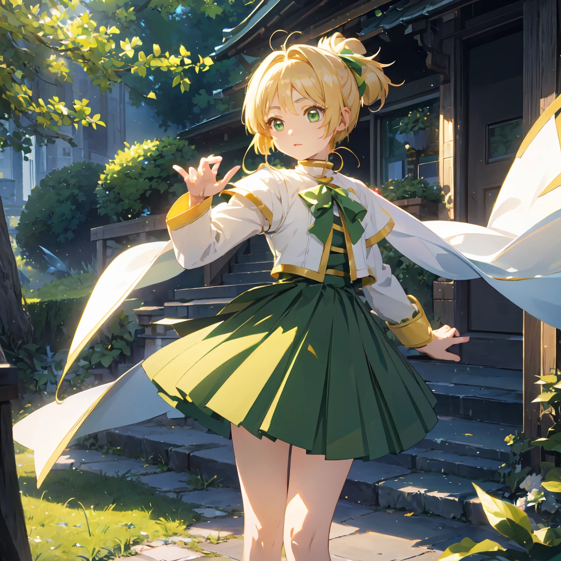 MASTERPIECE, best quality, high quality, extremely detailed, very delicate and beautiful, (1 female 18 yrs old solo:1.2), (lime coloured hair long and two side up to waist:1.4), fringes to eyebrows, Eyes sharp, strong glossy glossy eyes, glossy eyebrows, (eye colour yellow-green:1.3), 6.5 head height, (lime section print summer fashion:1.3), lime section hair ornament, knee socks, (smiling), (running), (hands raised), (dynamic pose), (background lime tree:1.5), (blue sky).