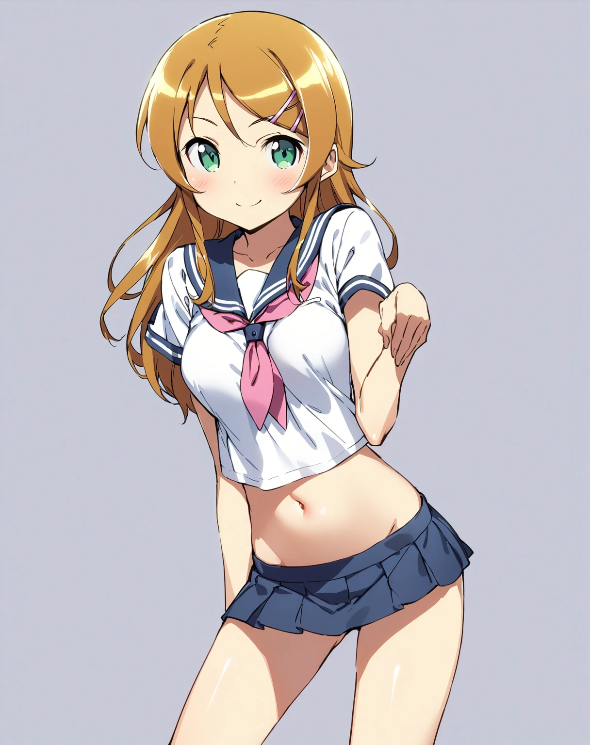 masterpiece, best quality, highly detailed, ultra high res, ayase arisa, 1girl, solo, perfect body, blue eyes, hair ornament, blonde hair, long hair, glossy lips, cheerleader, midriff, school field, standing, medium breasts