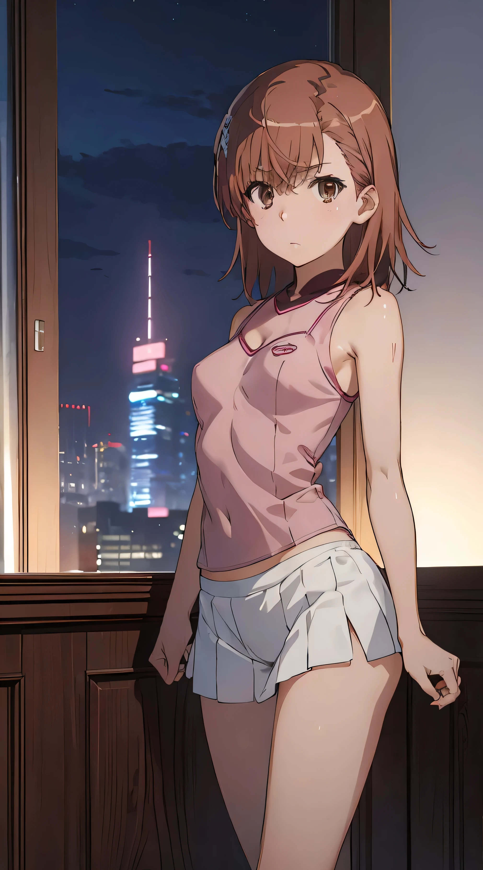 Highest quality, Best image quality, 4k, {Misaka Mikoto}, {{pink underwear}}, brown eyes, slim body, {{touching breasts}}, vulgar look, bedroom, night, standing, sweaty, MCharacter splits