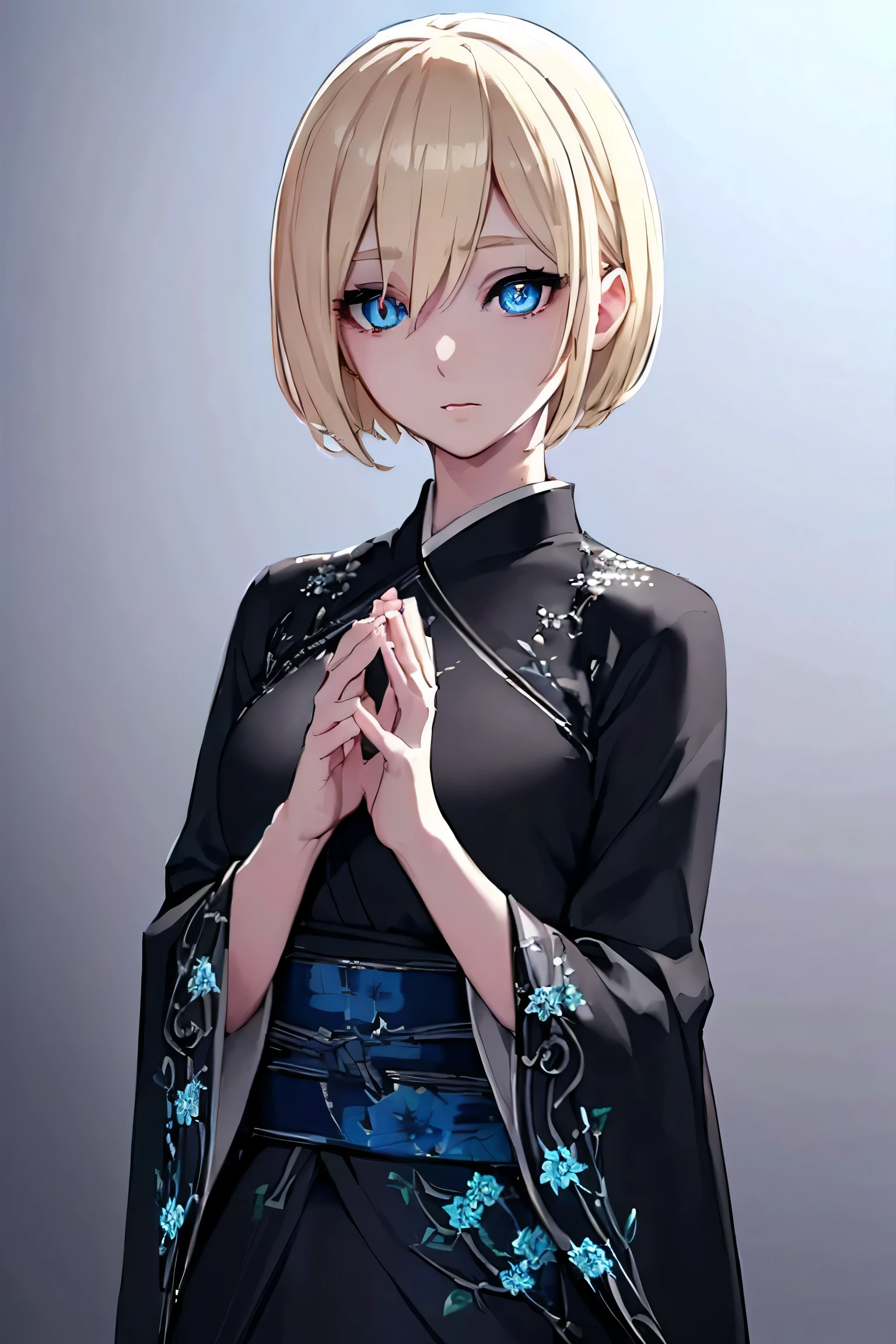 Blonde short hair, blue eyes, black skirt straigh, White kimono upper,(( party, BREAK (art: 1.2), best quality, high resolution, 8k unity wallpaper , (art: 0.8), (beautiful detailed eyes: 1.6), extremely detailed face, perfect lighting, extremely detailed CG, (perfect hands, perfect anatomy),
