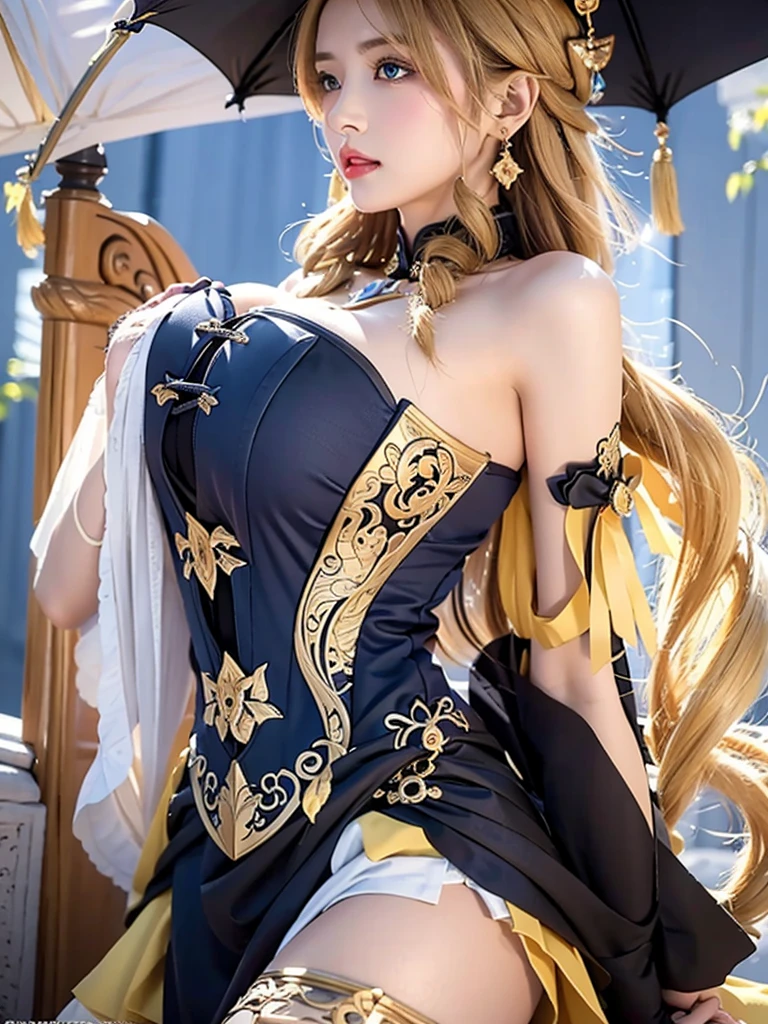 realistic, High resolution, soft light, 1 female, detailed face, gigantic breasts, blue eyes, long hair, silk ribbon on the front, earrings, filigree, removed sleeve, wide sleeve, jewelry, cleavage, bare shoulders, strapless, simple choker, yellow tube dress, No bra, Navia, yellow cheongsam dress, british town background, gigantic breasts