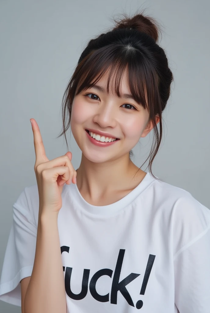 high resolution photograph of a Japanese woman, highest quality, 32K, masterpiece, realistic, photo realistic, intricate details, extremely detailed, insanely detailed, incredibly detailed, sharp focus, professional lighting, detailed face, beautiful detailed eyes, beautiful pupils, sophisticated nose, fair skin, fine textured skin, big smile, teeth out, (t-shirt written "Fuck!"), (showing back of hand and middle finger up:1.5), perfect anatomy, 