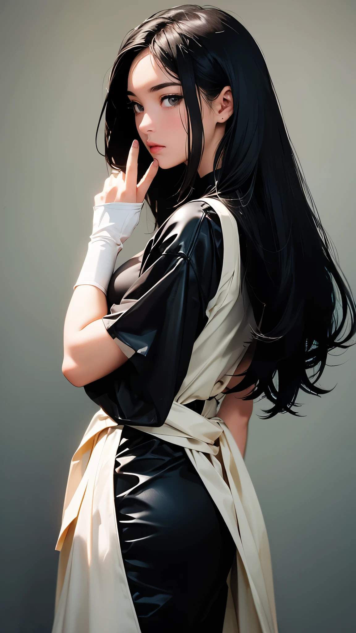 You are a top-tier professional photographer. In a 1980s Japanese animation style, depict a slender, tall, 20-year-old beautiful Japanese woman with long black hair and large brown eyes. She is holding a cassette tape in her left hand, with her right hand relaxed at her side. She is wearing a shiny black latex catsuit, wears black latex gloves on his right hand,without any depiction of nipples. Her skin tone is a warm yellow, and she is standing against a raw concrete wall backdrop. The woman is holding the cassette tape towards the viewer, her face turned slightly back with a calm, composed expression as she gazes directly at the camera. Soft sunlight enters from the side, highlighting her nose, left hand, and right forearm with a white glow. She is wearing pink lipstick. The shot captures her upper body, with part of her chest visible. Render this in the highest quality 8K resolution.