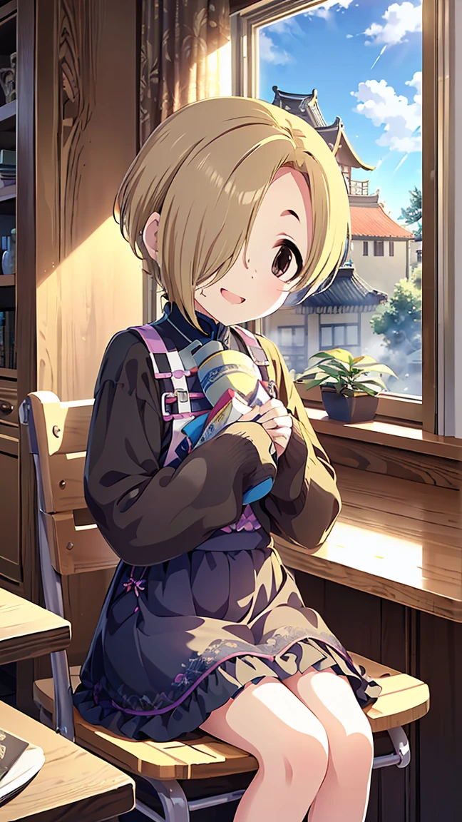 masterpiece, Best Quality, High resolution, Very detailed,(((Shirasaka Koume))), (((Sitting in a chair))), (((indoor))), (((blue sky))), (((window))), (((Laughing))), (((One girl))), (((solo))), (((Blonde))), (((Brown Hair))), (((Short Hair))), (((Hair covering one eye)))